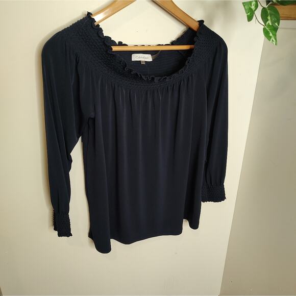 Calvin Klein Off The Shoulder Smocked Long Sleeve Top in Navy Blue Size Medium - Picture 6 of 8